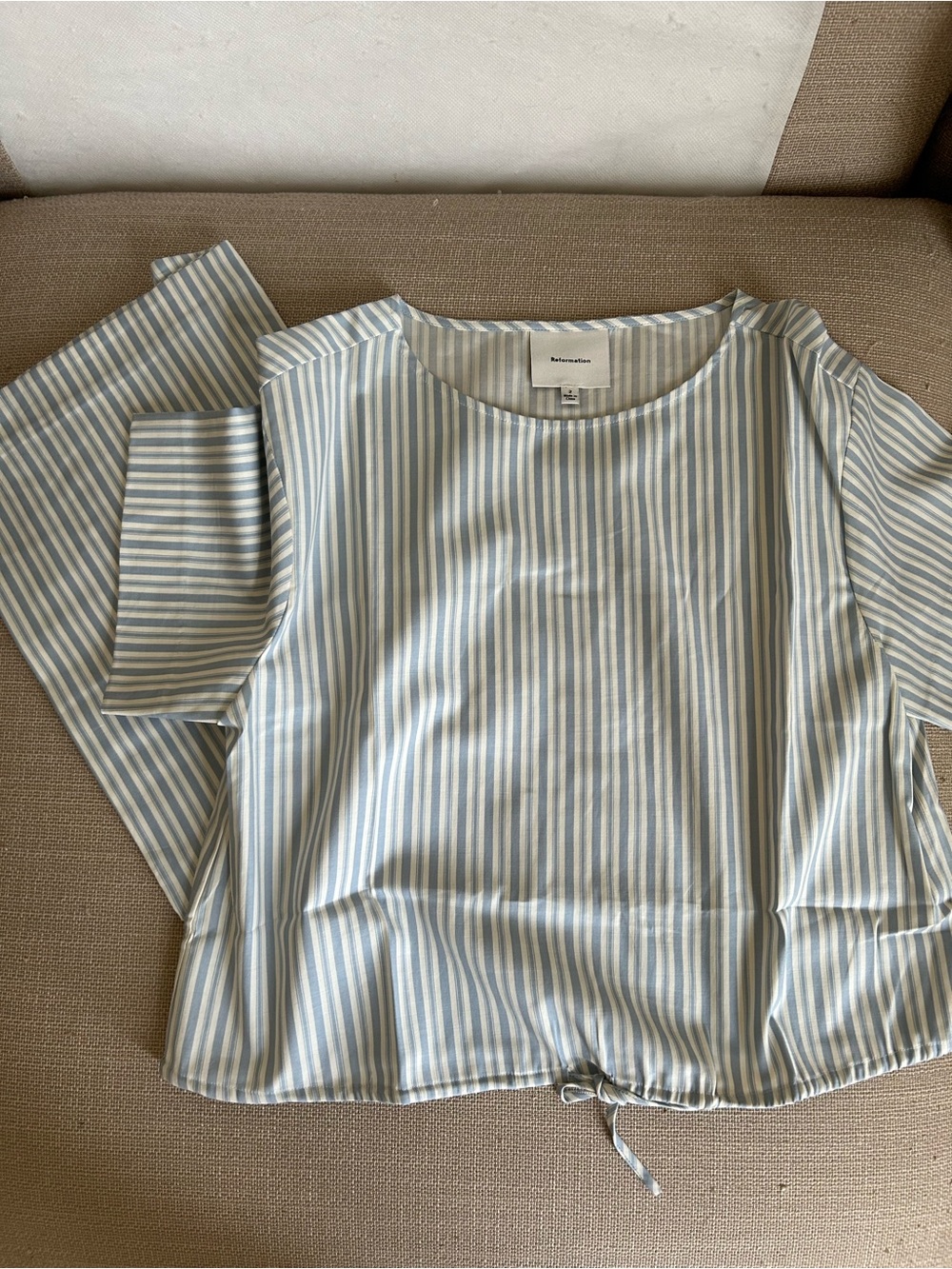 Reformation Jordan Two Piece - Calamari Stripe Blue Ivory French Cotton - Picture 6 of 9